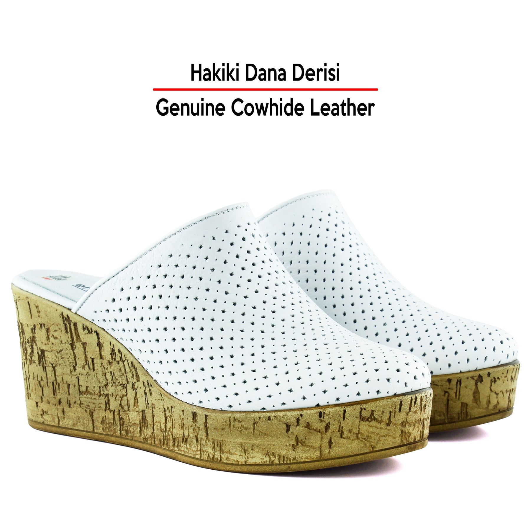 Aria Beyaz Hakiki Dana Derisi Önü Kapalı Mantar Taban Görünümlü Dolgu Topuklu Terlik