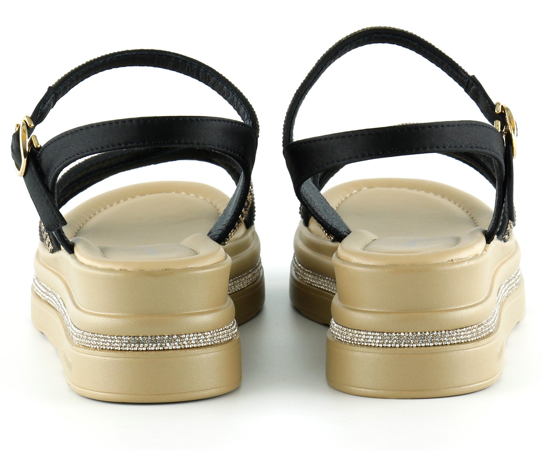 [7026] Siyah Saten Altın Kristal Taşlı Platform Sandalet