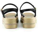 [7026] Siyah Saten Altın Kristal Taşlı Platform Sandalet