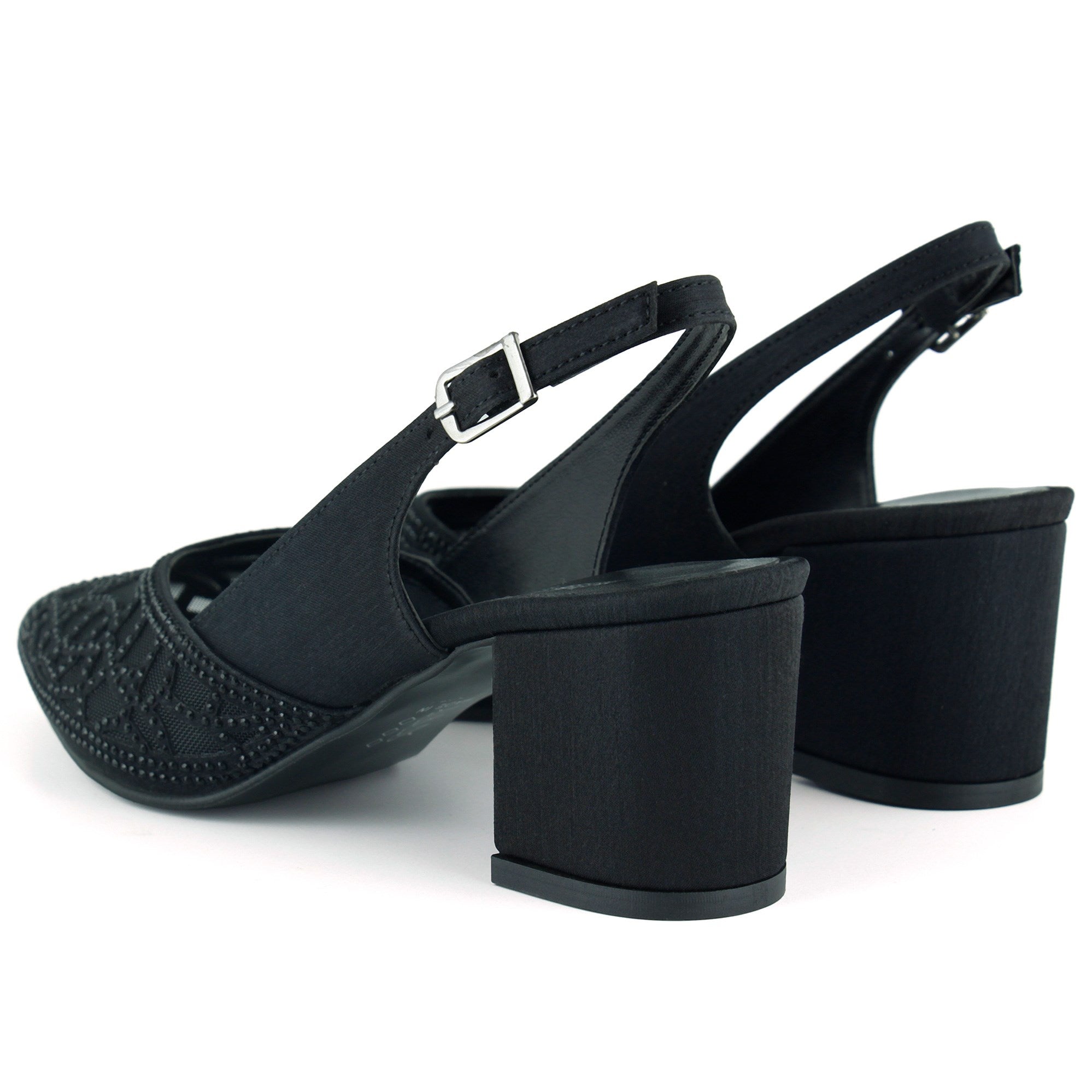 Estelle Siyah Saten Taşlı Fileli Sivri Burun Kalın Topuklu Arkası Açık Abiye Ayakkabı