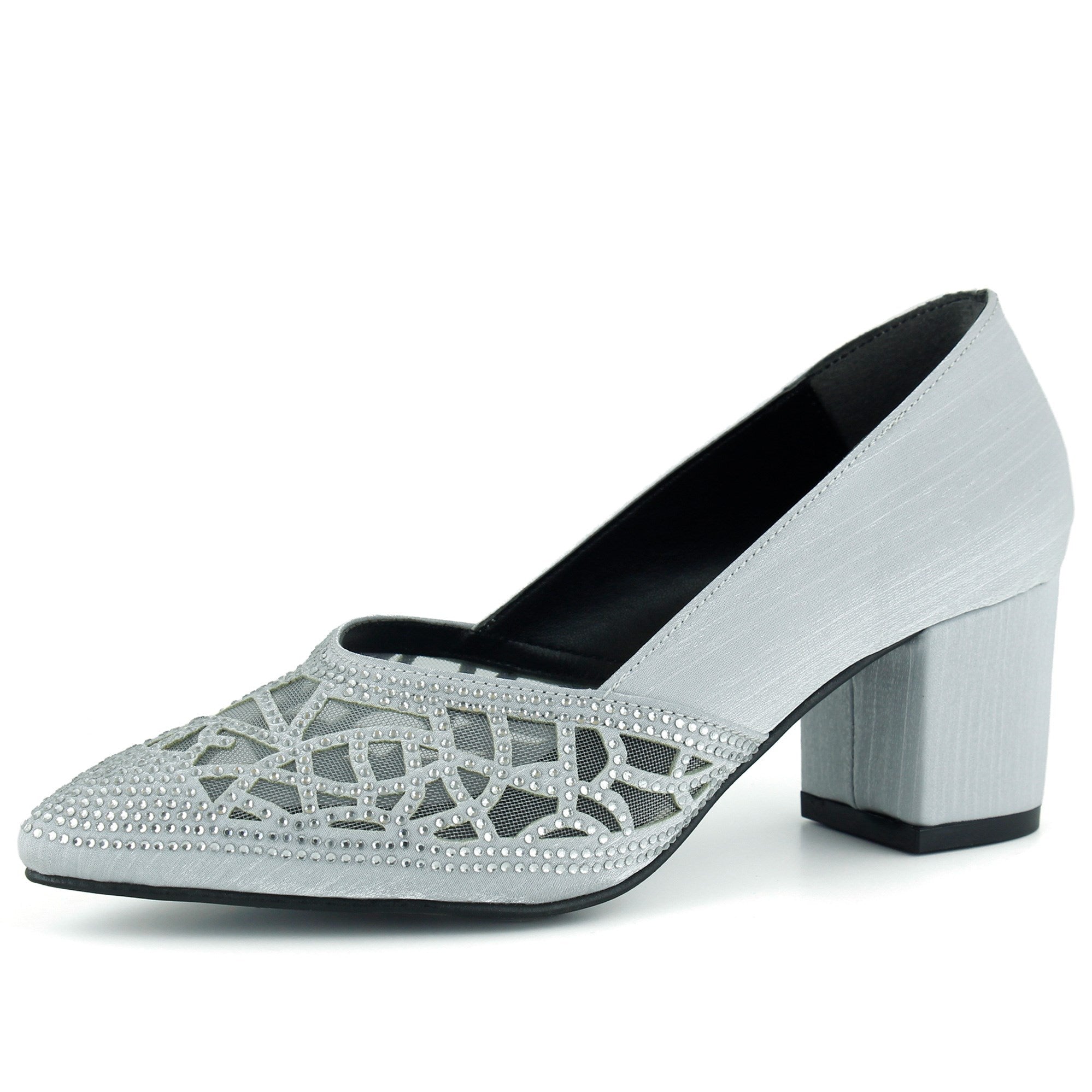 Patricia Gümüş Saten Taşlı Fileli Sivri Burun Kalın Topuklu Abiye Ayakkabı