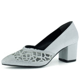 Patricia Gümüş Saten Taşlı Fileli Sivri Burun Kalın Topuklu Abiye Ayakkabı