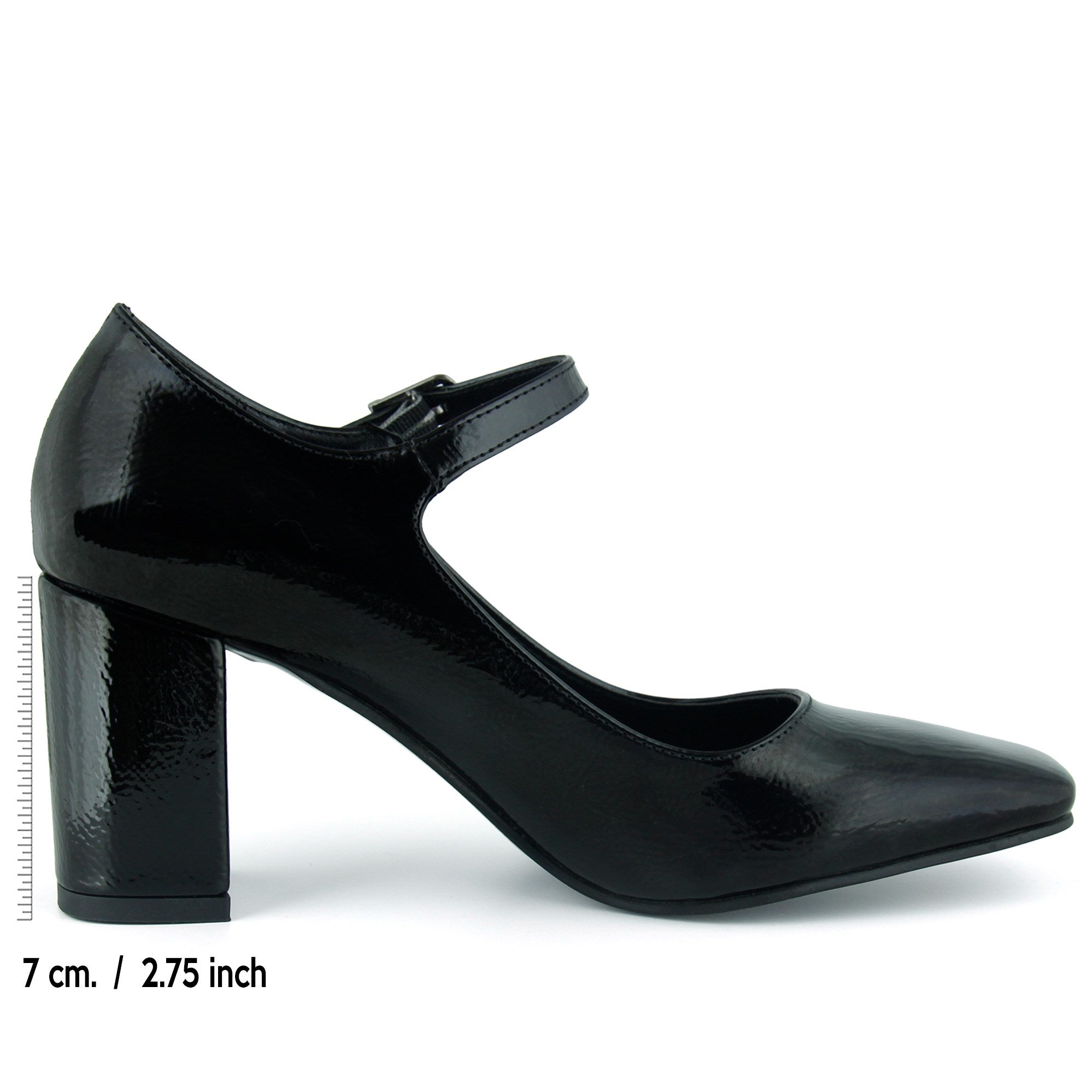 Mary Jane Siyah Rugan Kare Burun Bantlı Kalın Topuklu Klasik Ayakkabı