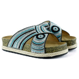 [7037] Siyah Turkuaz Boncuklu Çapraz Bantlı Kristal Taşlı Hasır Detaylı Mantar Taban Görünümlü Terli