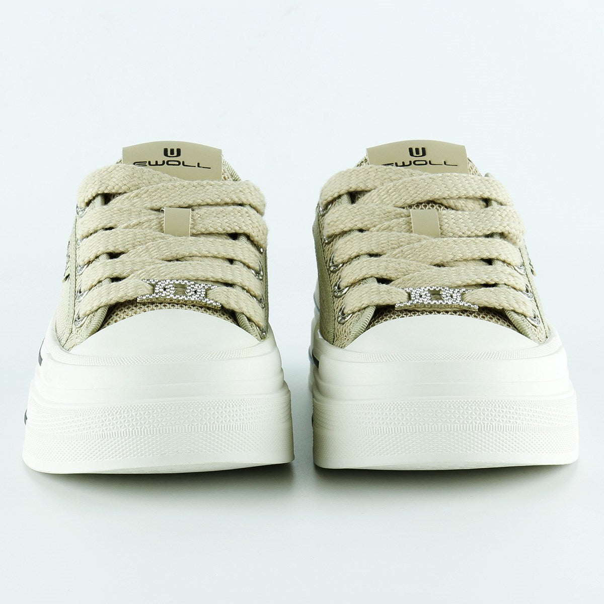 [5025] Bej Yüksek Taban Spor Fileli Taşlı Bağcıklı Platform Sneaker