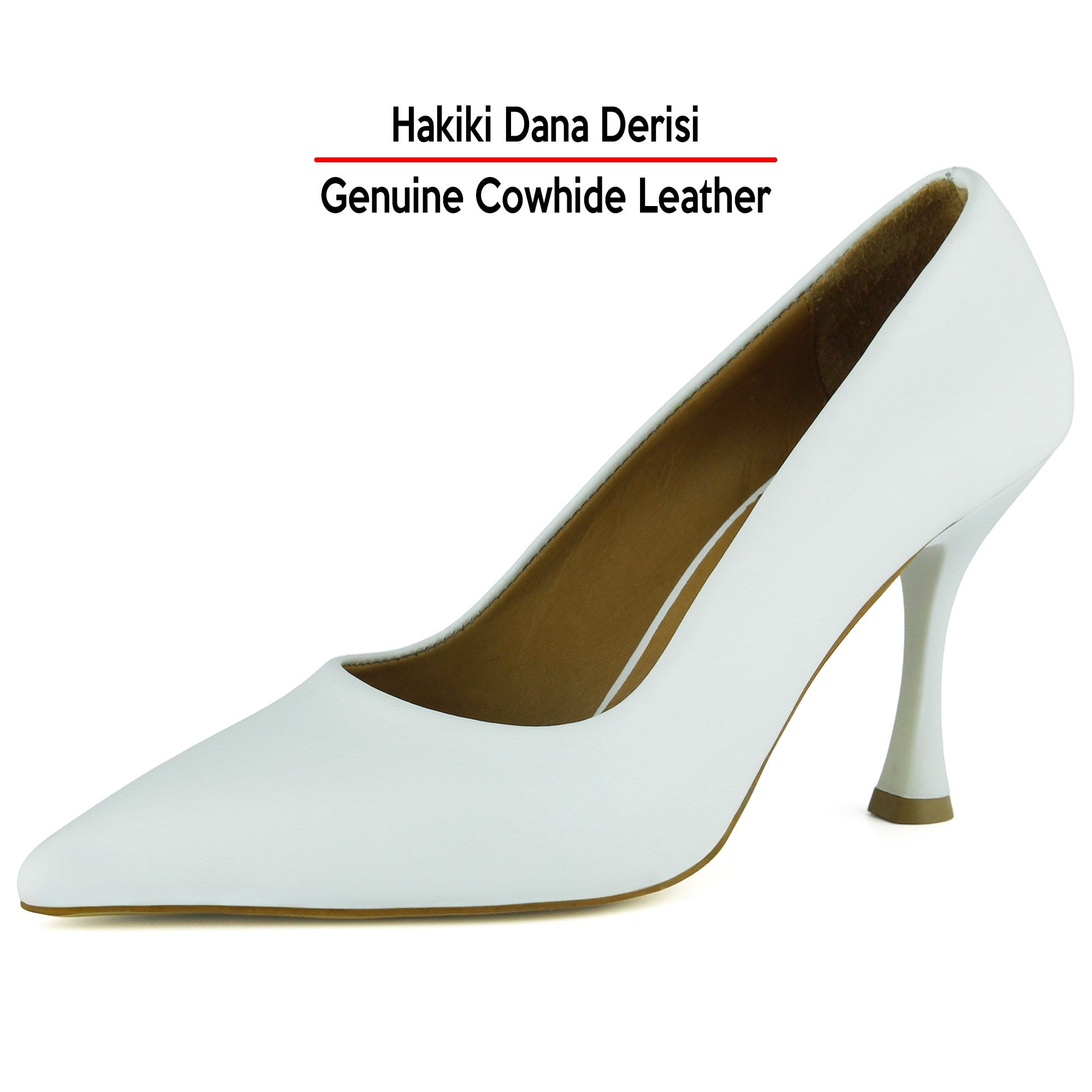 Suzanna Beyaz Hakiki Dana Derisi Sivri Burun Klasik İnce Topuklu Ayakkabı