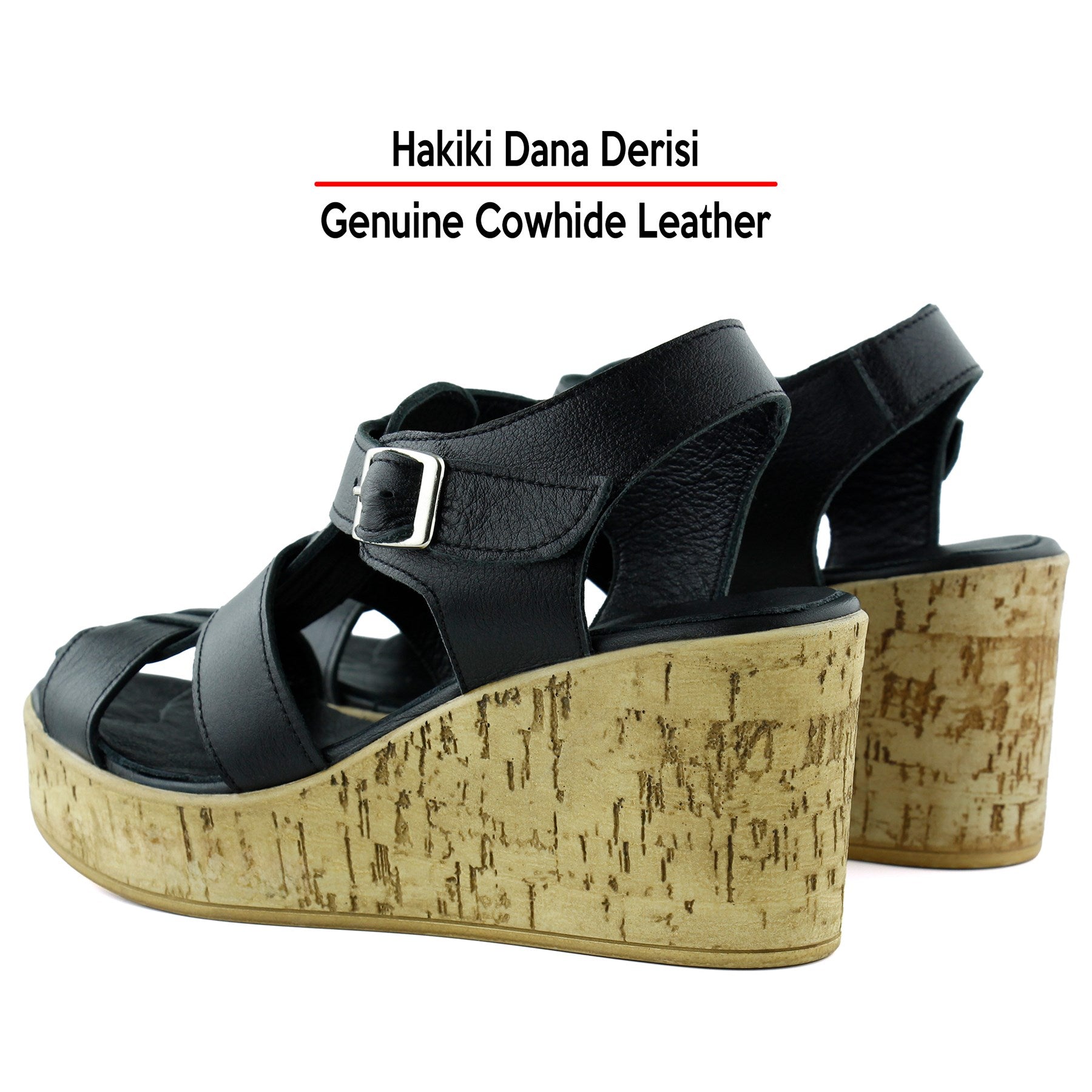 Xena Siyah Hakiki Dana Derisi Mantar Taban Görünümlü Dolgu Topuklu Gladyatör Sandalet