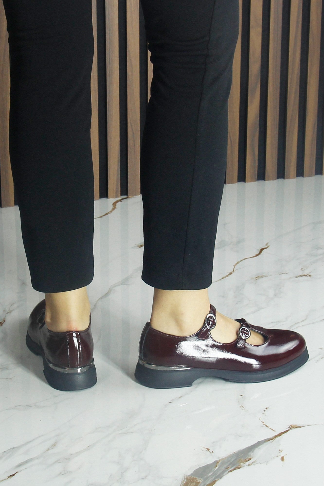 [MAX 53-120] Bordo Rugan Hakiki Dana Derisi Çift Bantlı Mary Jane Kalın Topuklu Günlük Ayakkabı