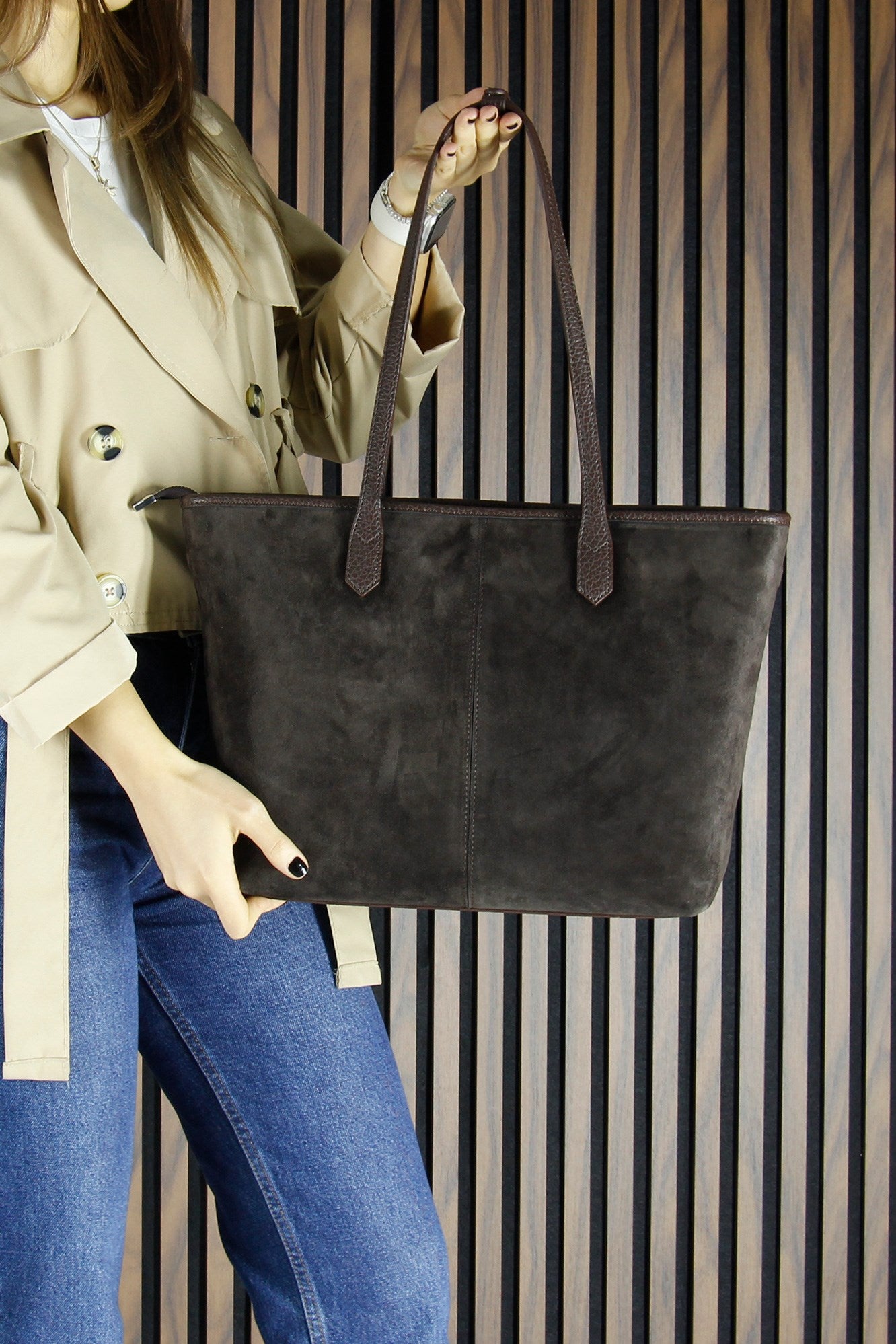 (VSN5018OC) Kahve Hakiki Dana Süet Fermuarlı Üç Bölmeli İç Cepli Büyük Boy Günlük Omuz Çantası