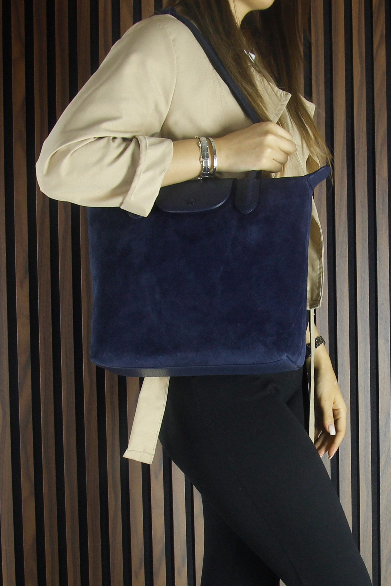 (VSN5017OC) Lacivert Hakiki Dana Süet Fermuarlı Manyetik Kapaklı Büyük Boy Günlük Omuz Çantası