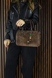 (VSN5011OC) Kahve Hakiki Dana Süet Fermuarlı İç Cepli Askılı Boncuk Aksesuarlı Günlük Büyük Boy Omuz Çantası