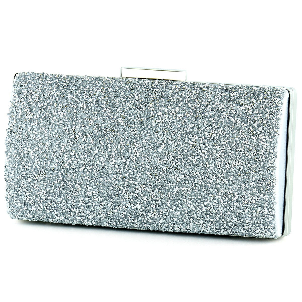 Gümüş Saten Kristal Granül Taşlı Metal Saplı Abiye El Çantası ( ES0013AC )