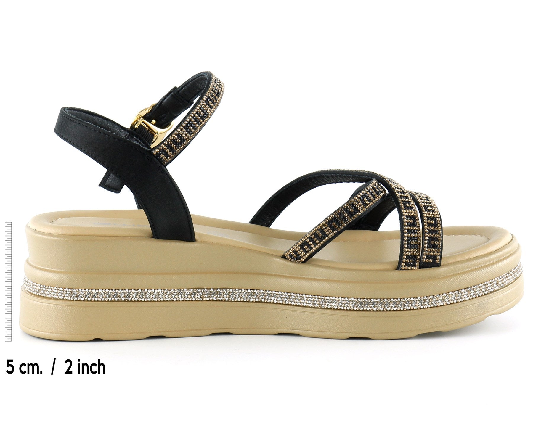 [7026] Siyah Saten Altın Kristal Taşlı Platform Sandalet