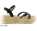 [7026] Siyah Saten Altın Kristal Taşlı Platform Sandalet