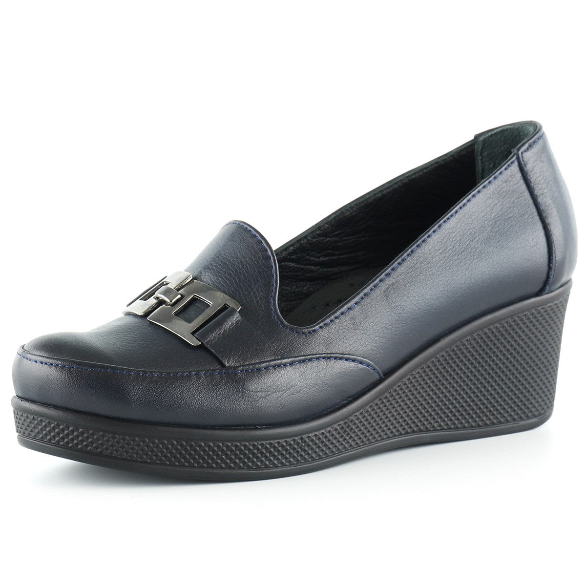 Dafne Lacivert Hakiki Deri Tokalı Yuvarlak Burun Dolgu Topuklu Günlük Ayakkabı