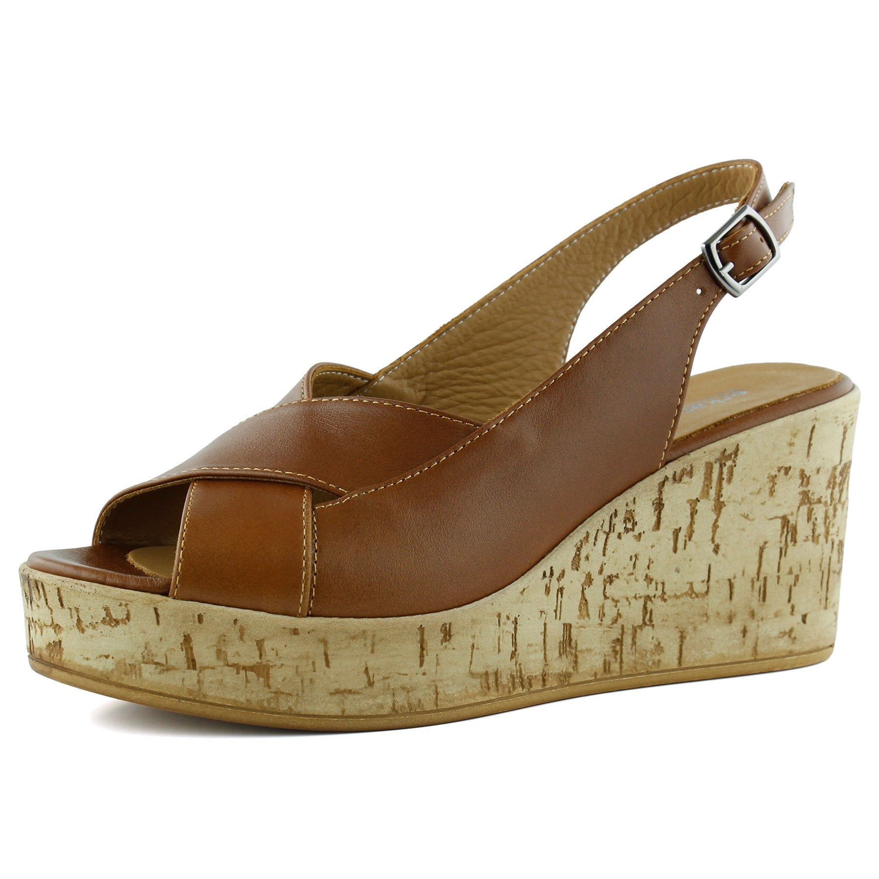 Luna Kahverengi Hakiki Dana Derisi Çapraz Bantlı Mantar Taban Görünümlü Dolgu Topuklu Sandalet