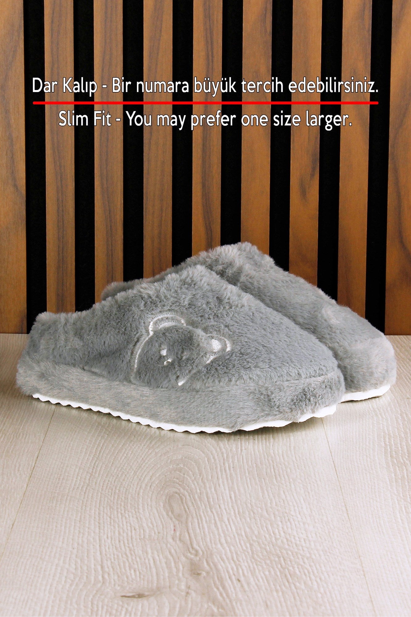 Clara Gri Pelüş - DAR KALIP - Ayıcık Desenli Kalın Düz Tabanlı Sessiz Kadın Ev Terliği