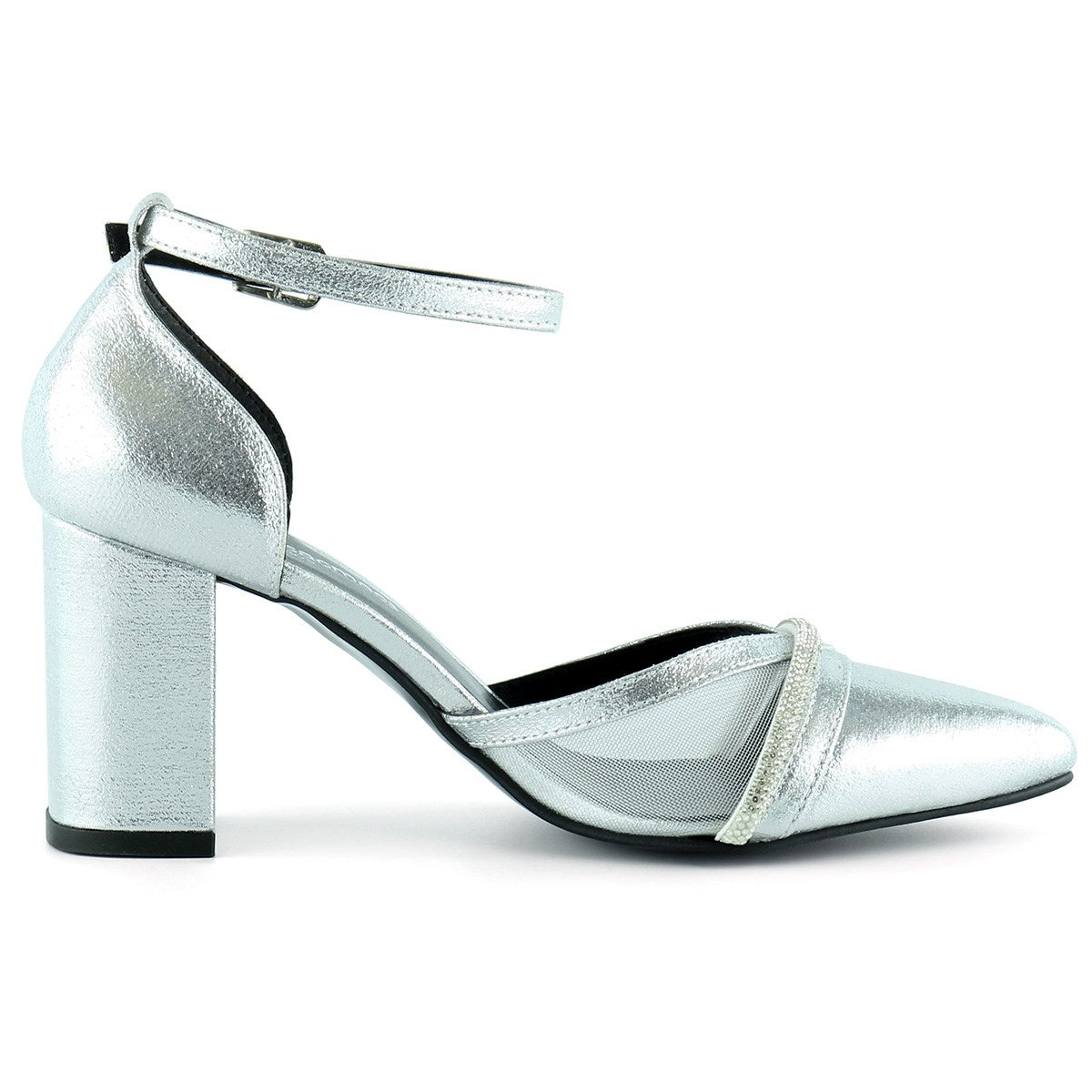 Molly Lame Taşlı Fileli Kalın Topuklu Ayakkabı