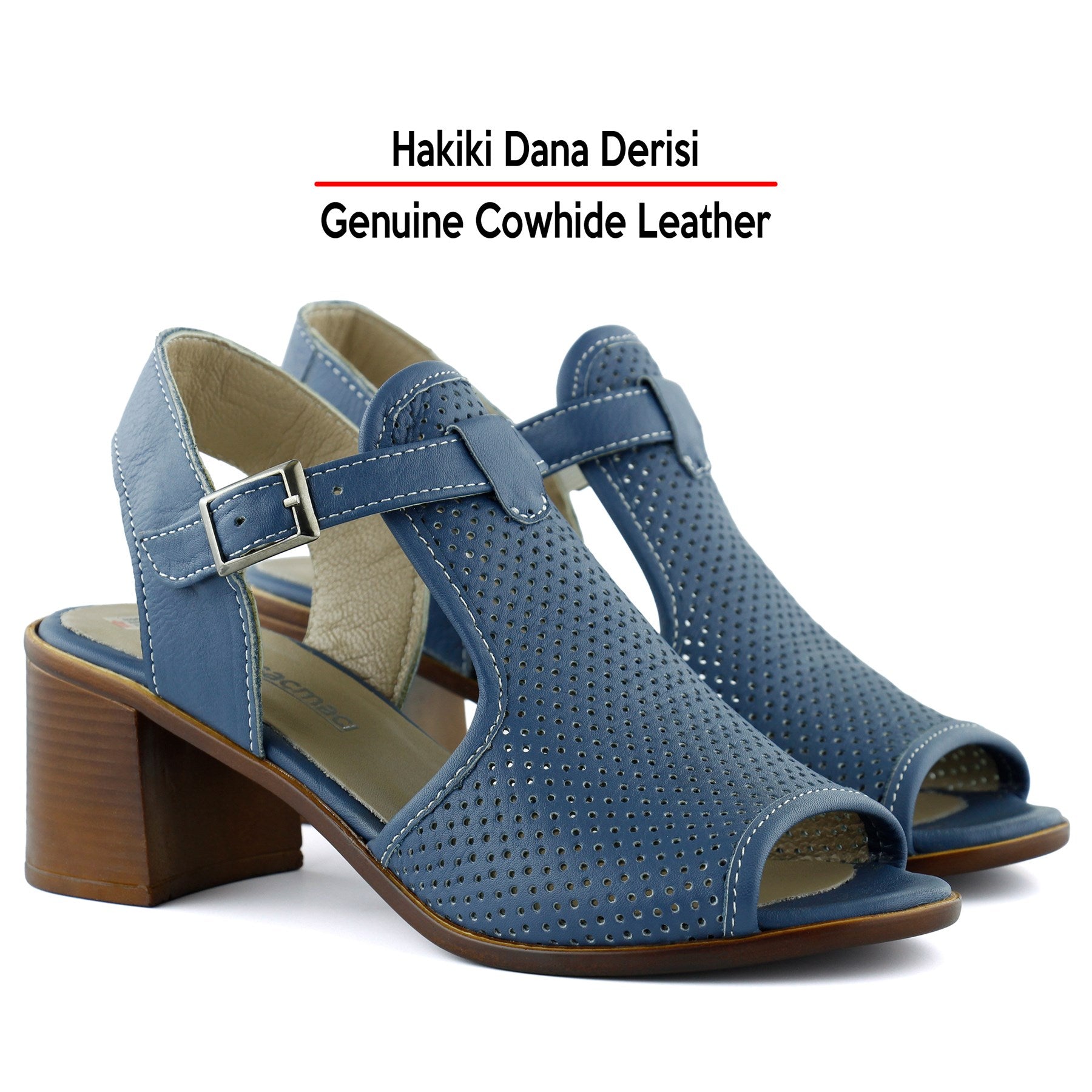 Elena Mavi Hakiki Dana Derisi Önü Arkası Açık Delik Detaylı Kalın Topuklu Rahat Günlük Sandalet