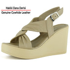 Monica Vizon Hakiki Dana Derisi Çapraz Burgulu Dolgu Topuklu Slingback Sandalet