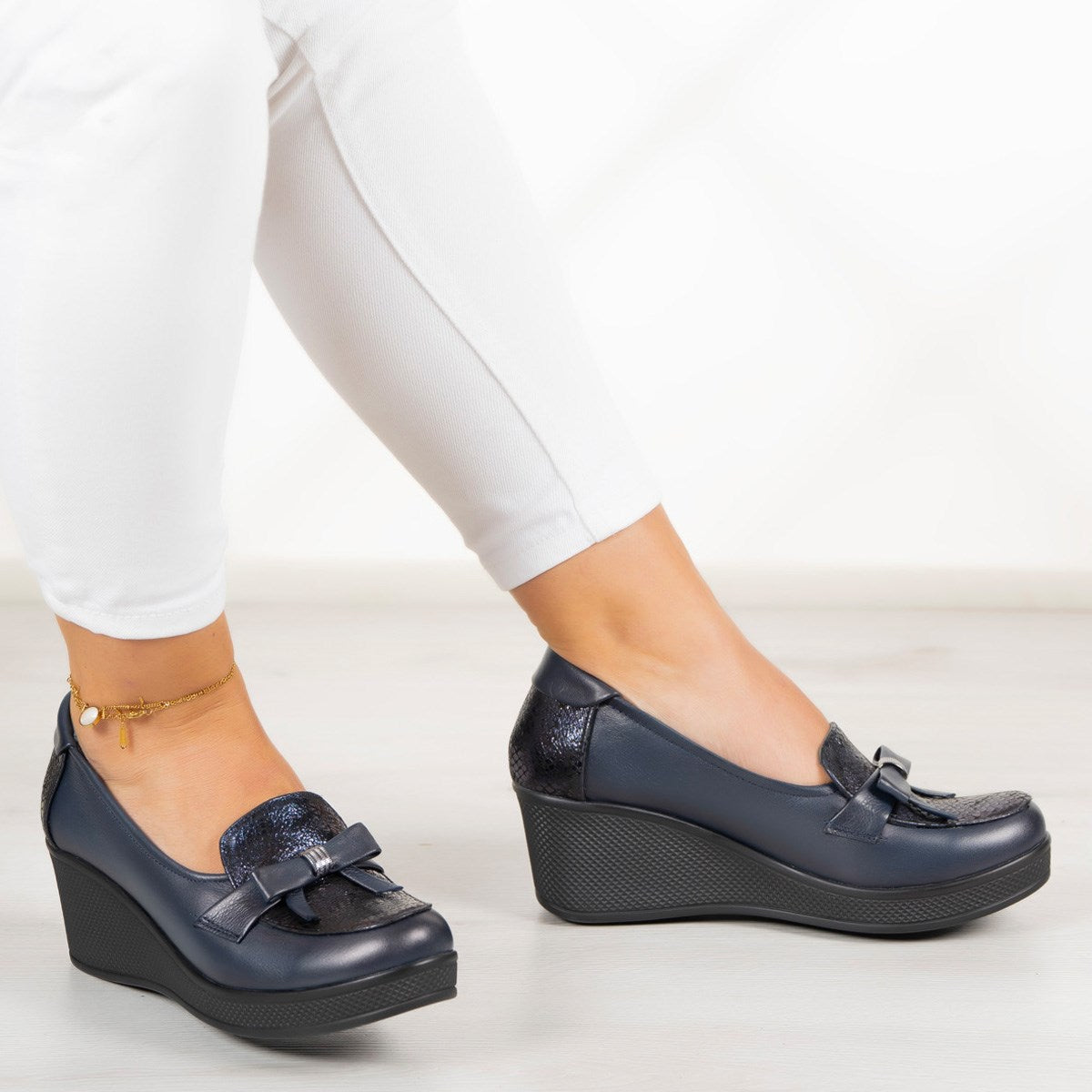 Emma Lacivert Hakiki Deri Dolgu Topuklu Günlük Ayakkabı