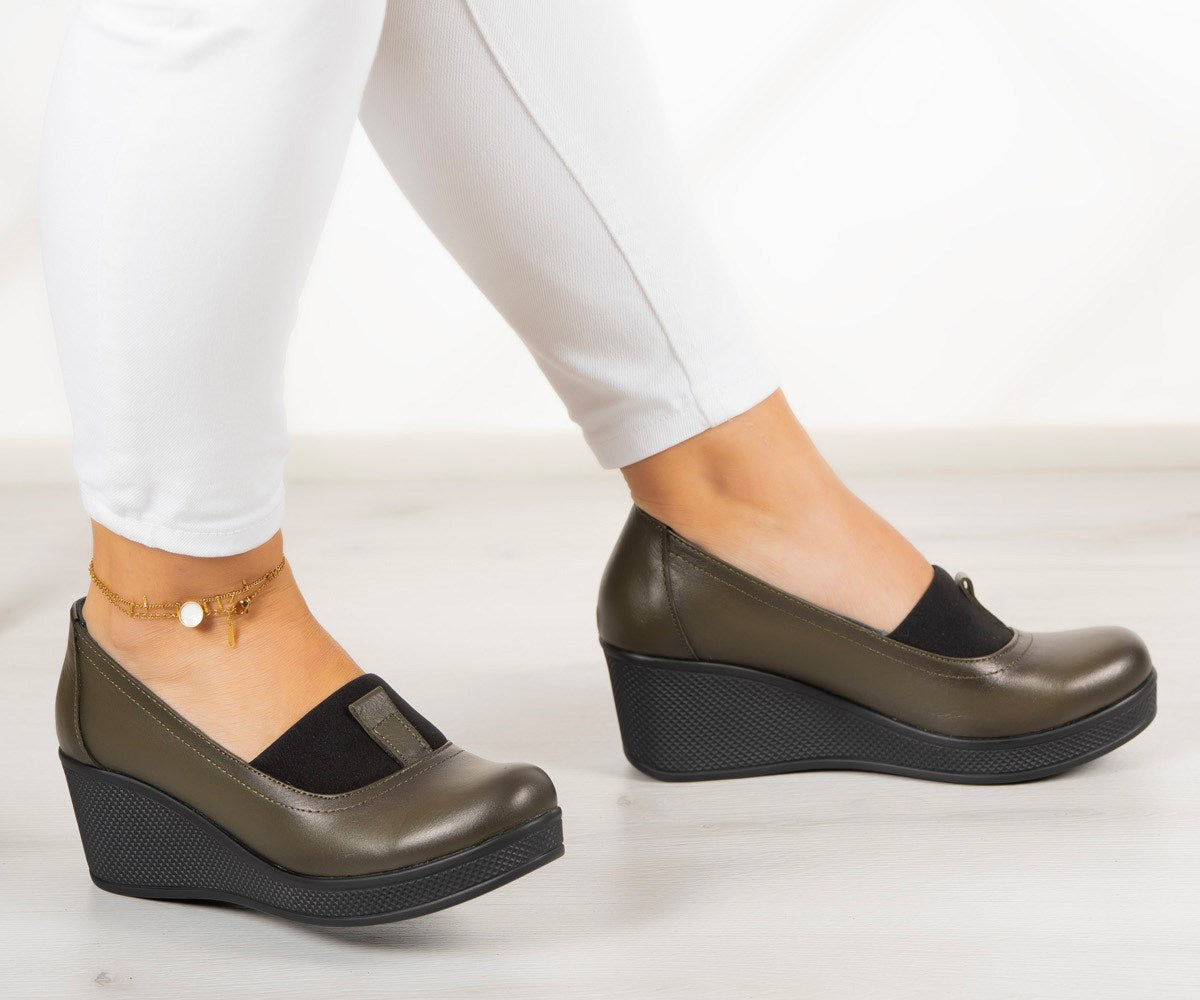 Daisy Haki Hakiki Deri Dolgu Topuklu Günlük Ayakkabı