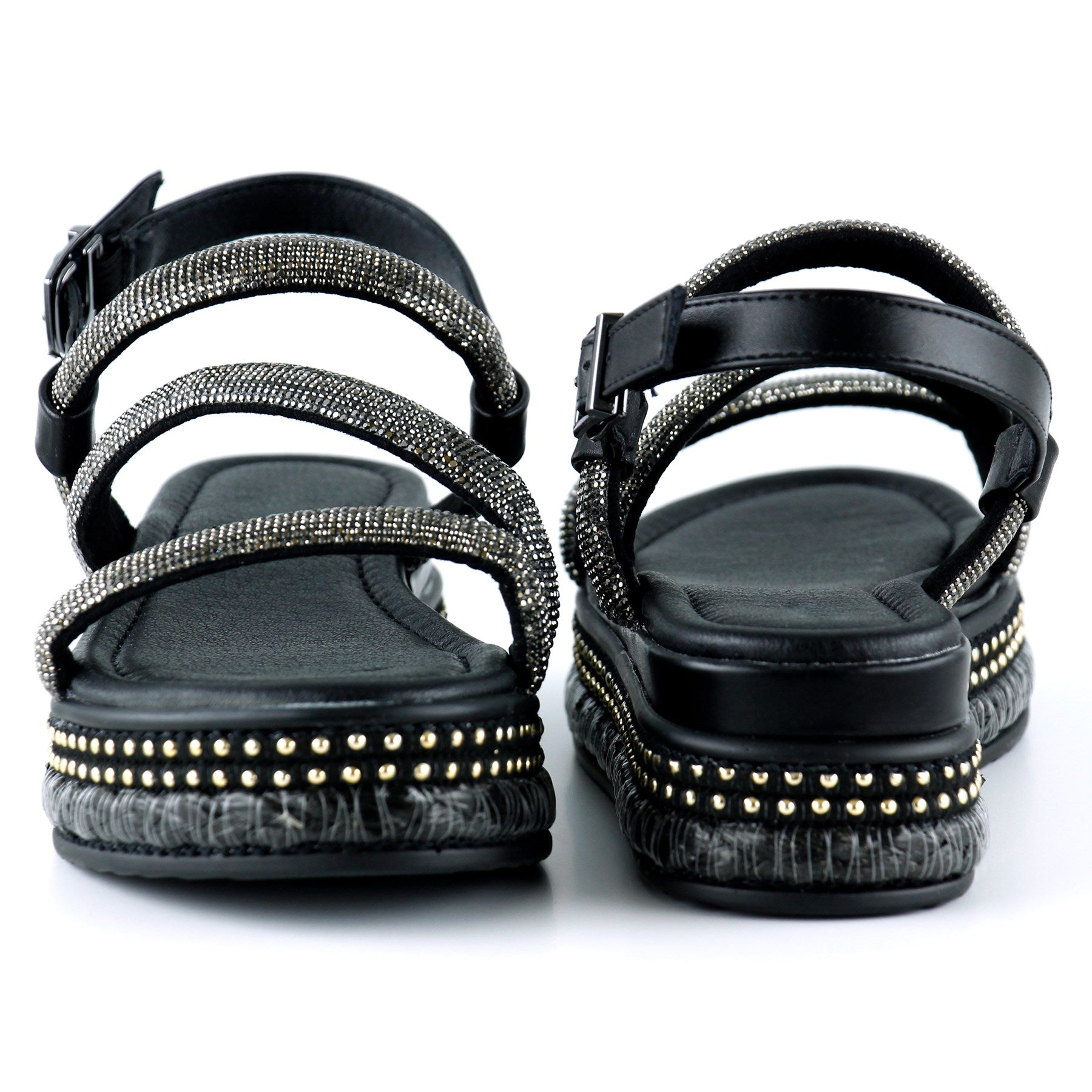 [7027] Siyah Üç Bant Taşlı İnci Detaylı Zikzak Örgülü Platform Sandalet