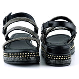 [7027] Siyah Üç Bant Taşlı İnci Detaylı Zikzak Örgülü Platform Sandalet