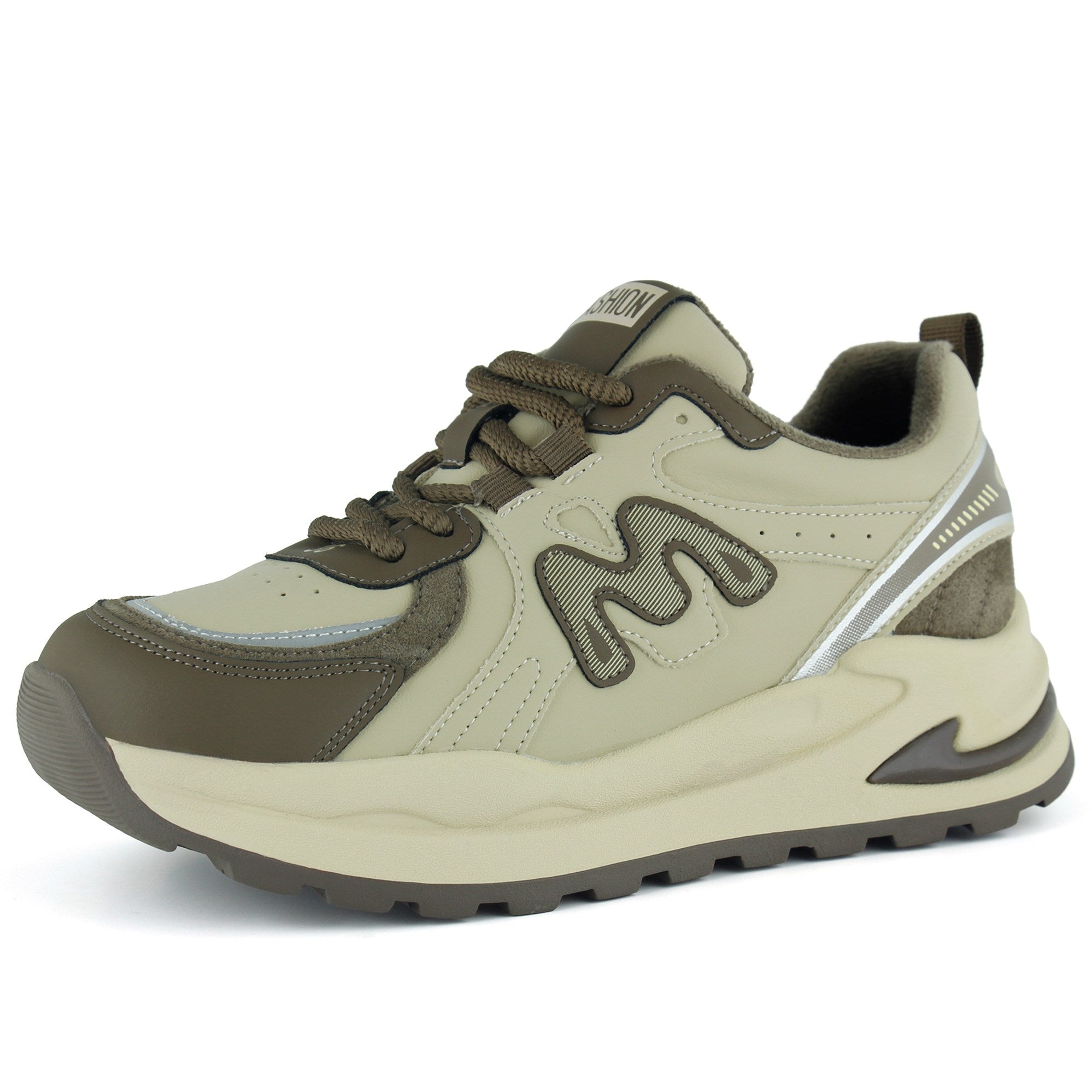 [261-BDLZ2002] Bej Kahve Vegan Bağcıklı Yuvarlak Burun Flatform Taban Günlük Sneaker Spor Ayakkabı