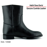 [MAX 426] Siyah Hakiki Dana Derisi Metal Detaylı Fermuarlı Yuvarlak Burun Kalın Topuklu Günlük Bot
