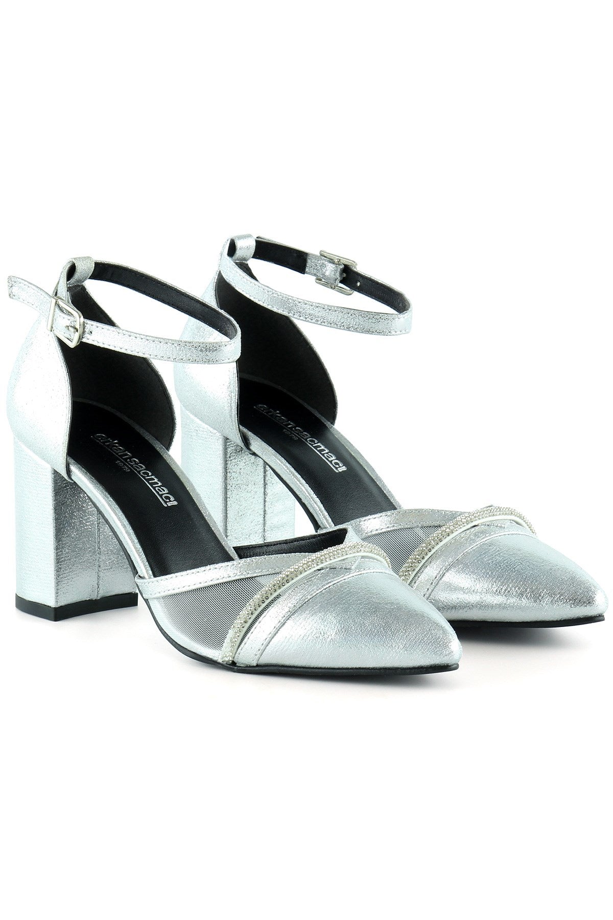 Molly Lame Taşlı Fileli Kalın Topuklu Ayakkabı