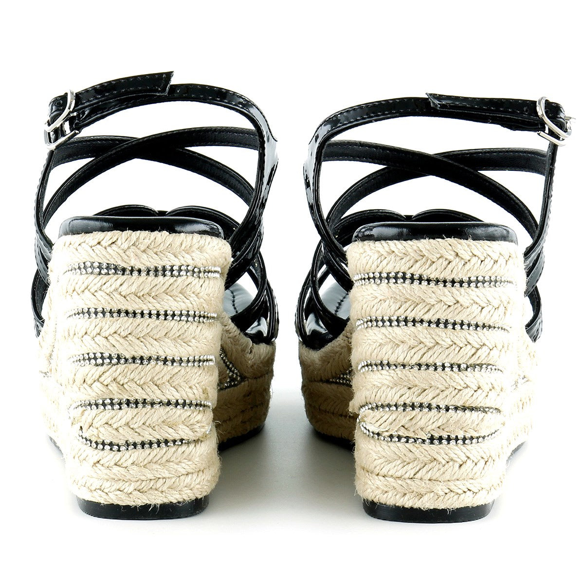 [7002] Siyah Rugan Çapraz Bantlı Taşlı Zikzak Örgü Jüt Platform Topuklu Sandalet