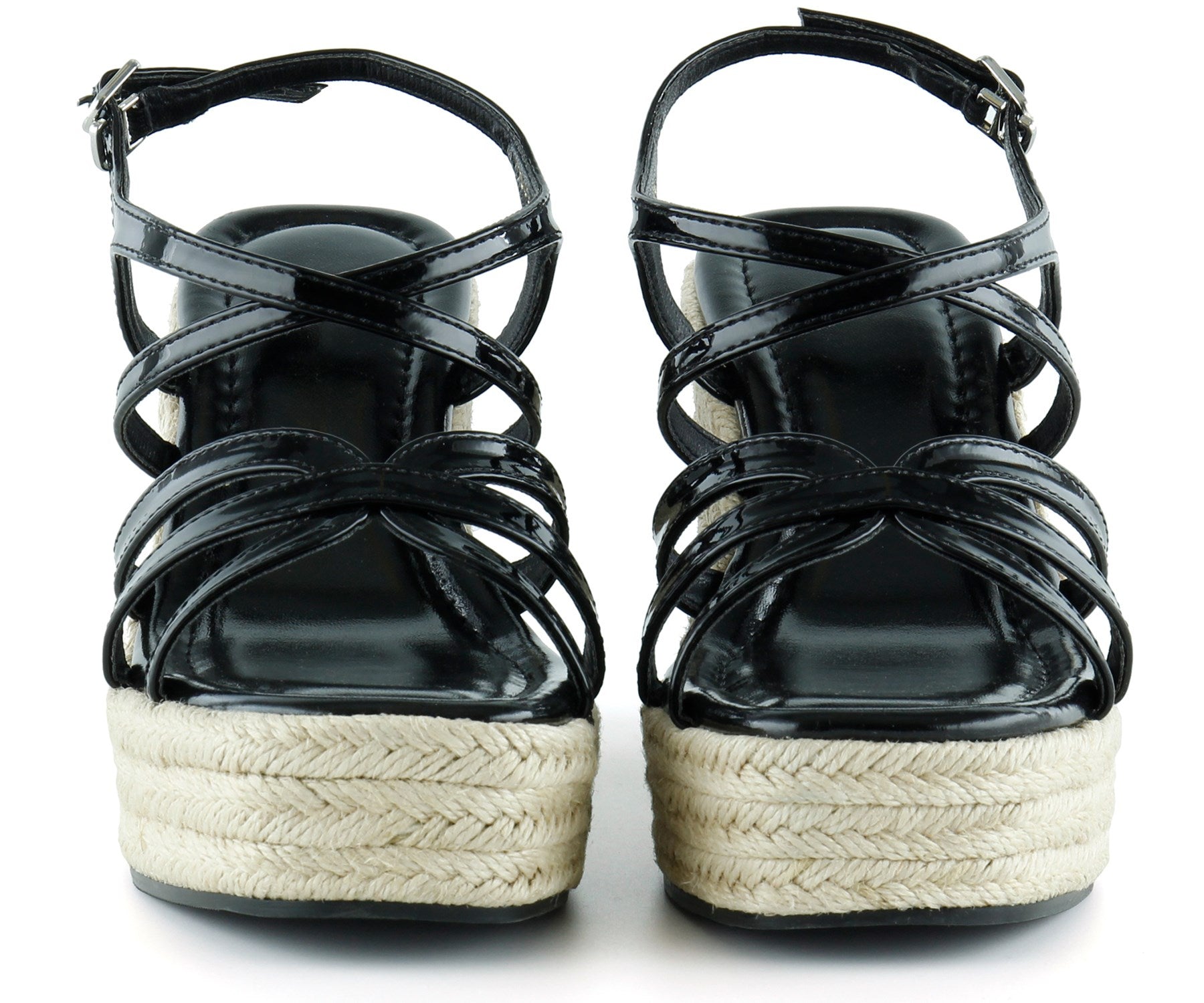 [7002] Siyah Rugan Çapraz Bantlı Taşlı Zikzak Örgü Jüt Platform Topuklu Sandalet