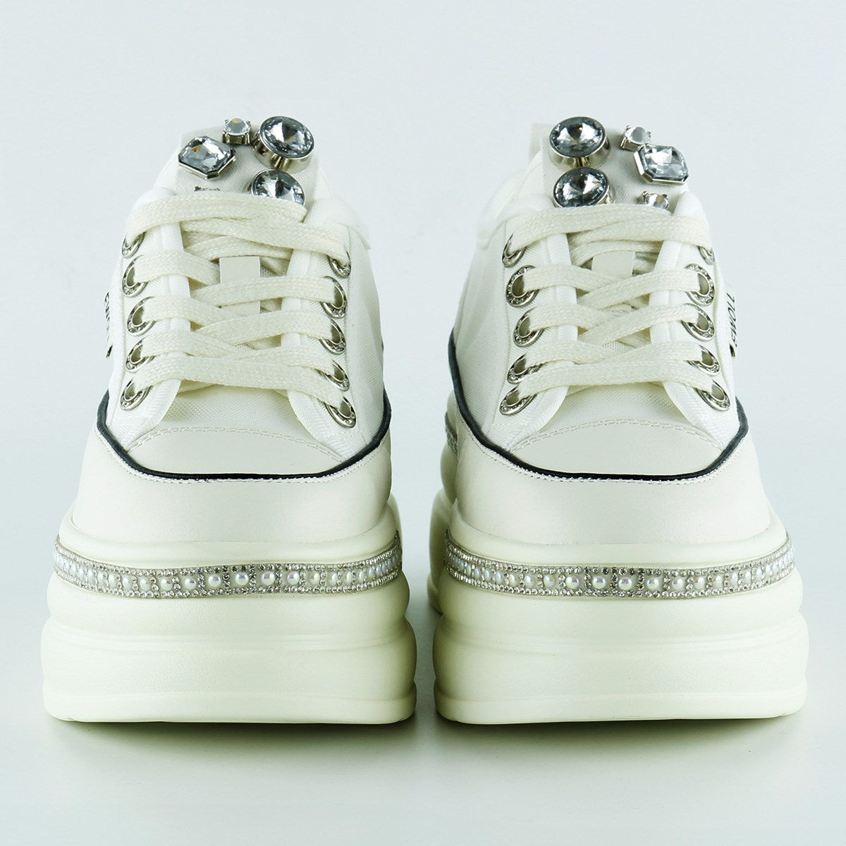 [5030] Beyaz Yüksek Taban Kristal Taşlı İnci Detaylı Bağcıklı Gelin Platform Sneaker