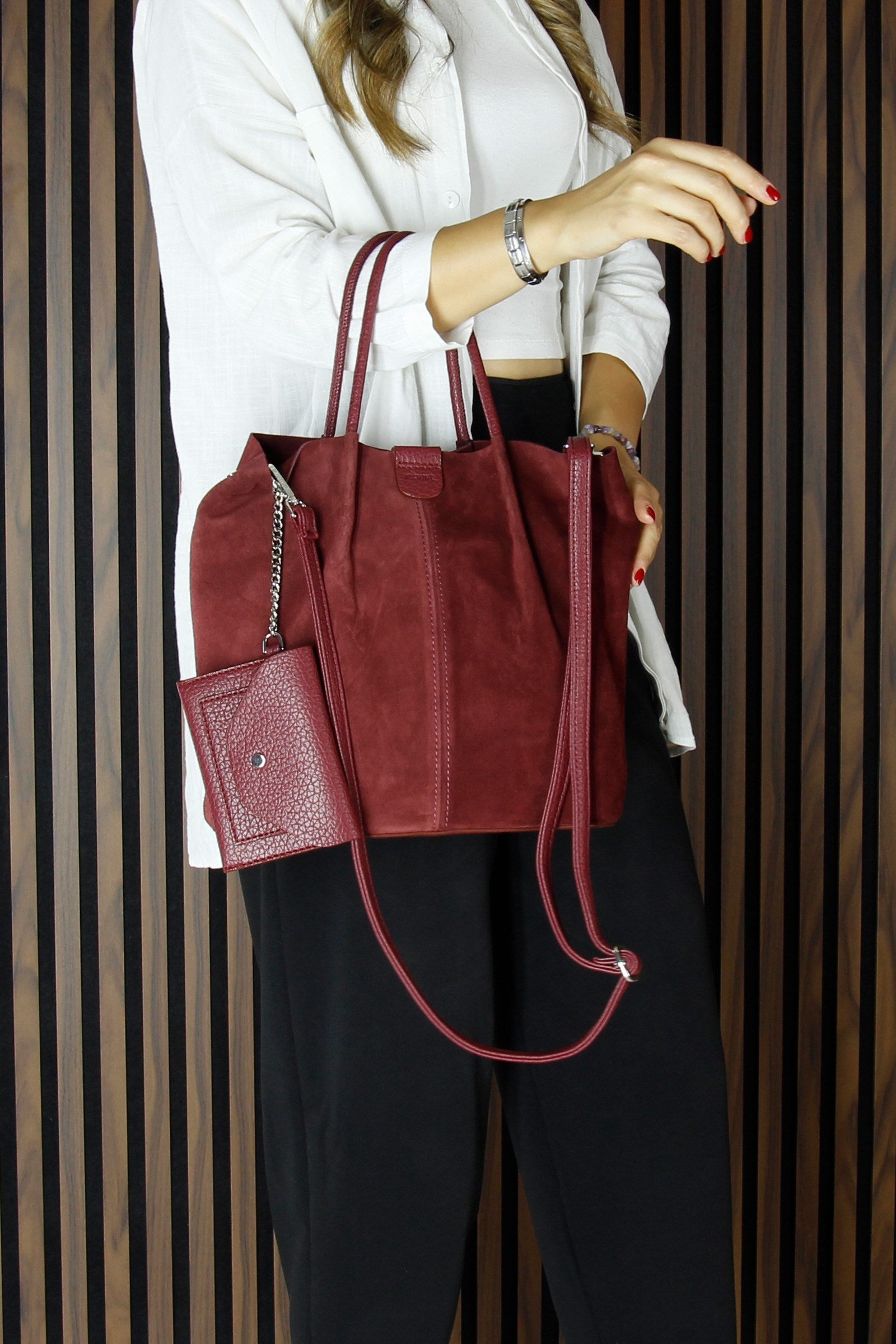 (VSN5010OC) Bordo Hakiki Dana Süet Manyetik Kapaklı İç Cepli Askılı Günlük Büyük Boy Omuz Çantası ve Cüzdanı