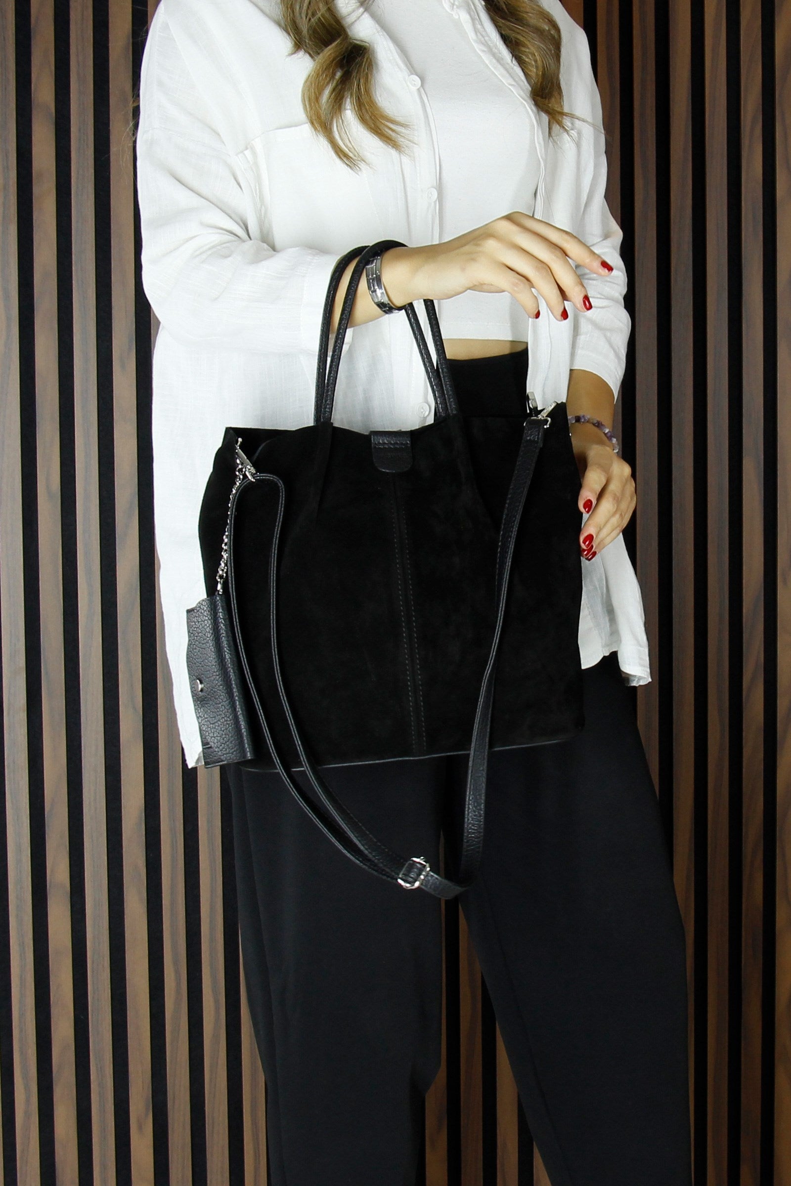 (VSN5010OC) Siyah Hakiki Dana Süet Manyetik Kapaklı İç Cepli Askılı Günlük Büyük Boy Omuz Çantası ve Cüzdanı