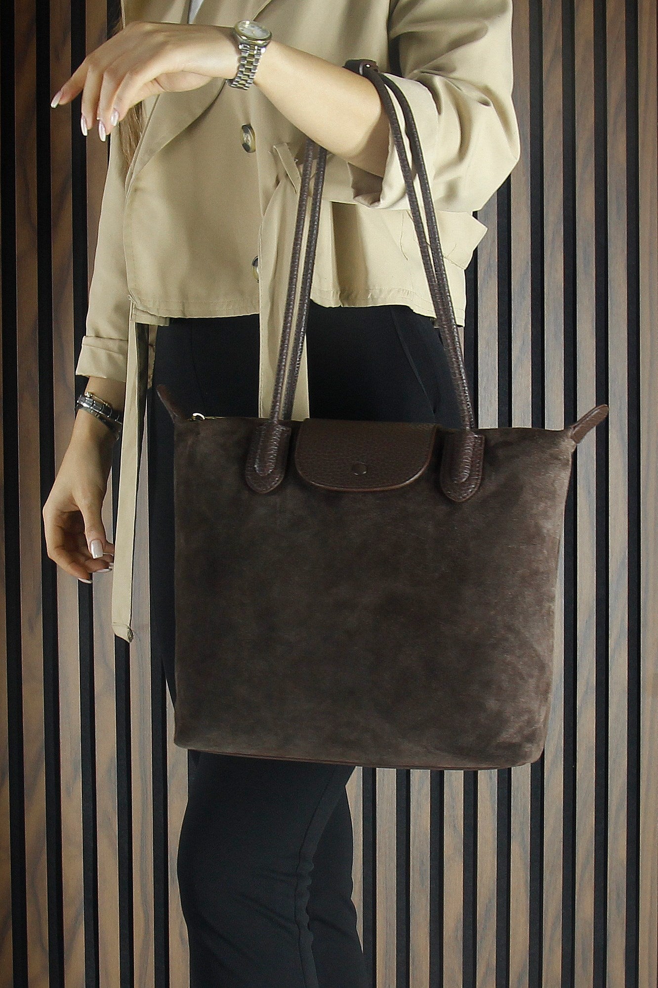 (VSN5017OC) Kahve Hakiki Dana Süet Fermuarlı Manyetik Kapaklı Büyük Boy Günlük Omuz Çantası