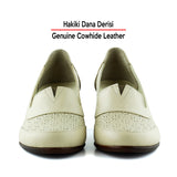 Madre Bej Hakiki Dana Derisi Vintage Desenli Kalın Topuklu Günlük Klasik Ayakkabı