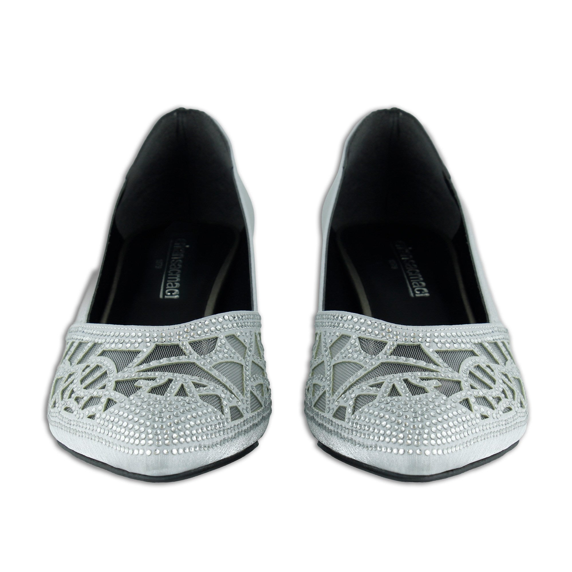 Patricia Gümüş Saten Taşlı Fileli Sivri Burun Kalın Topuklu Abiye Ayakkabı