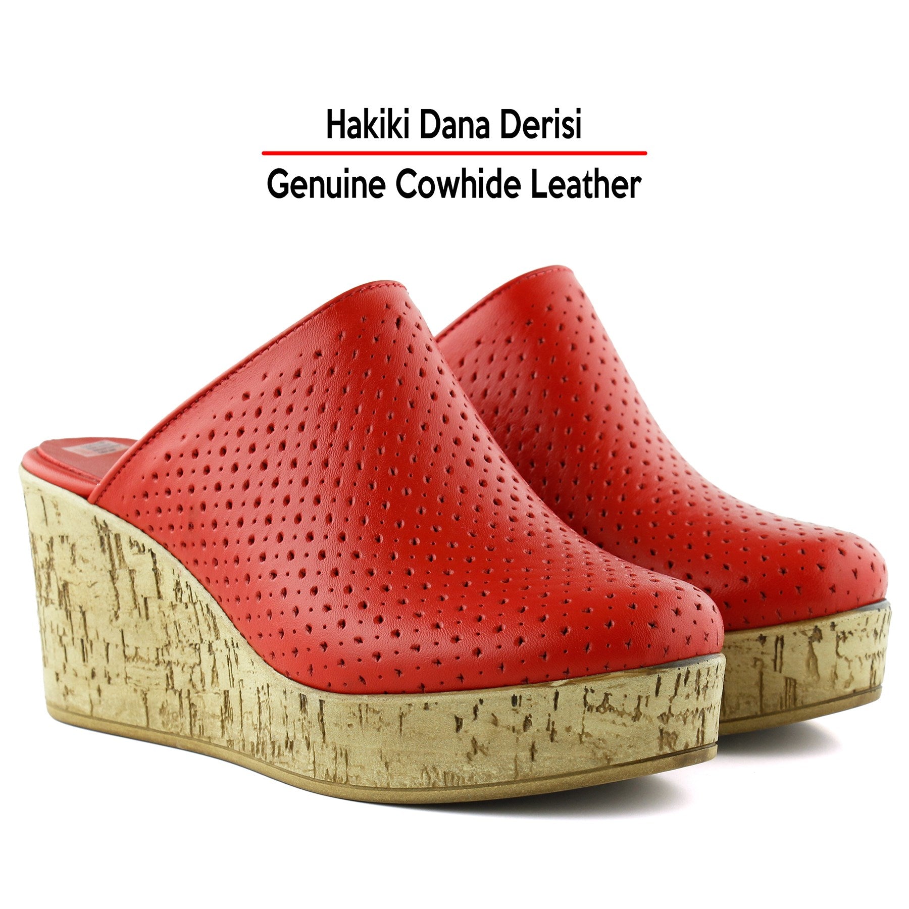 Aria Kırmızı Hakiki Dana Derisi Önü Kapalı Mantar Taban Görünümlü Dolgu Topuklu Terlik