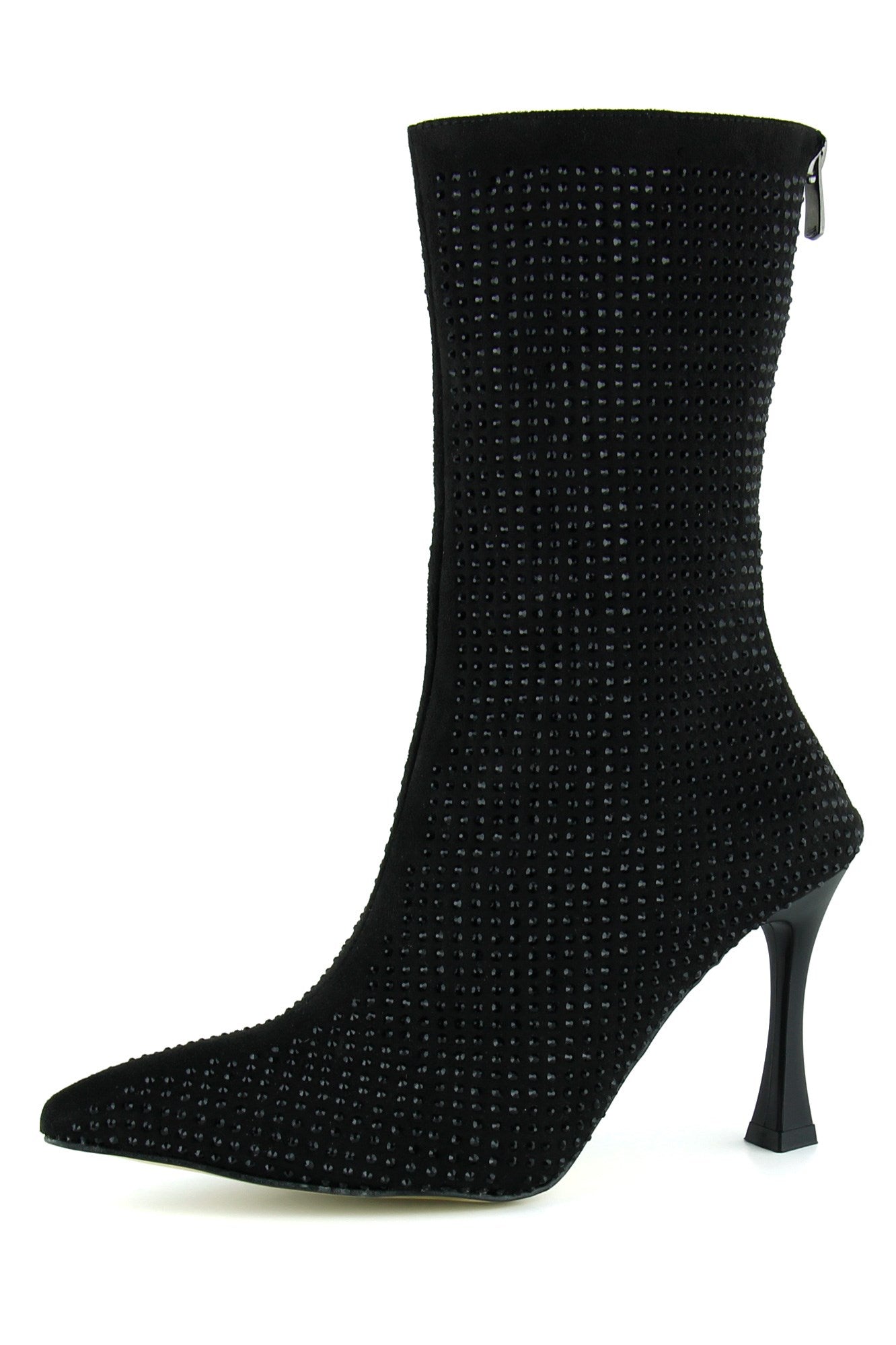 Nell Siyah Süet Taşlı Sivri Burun Fermuarlı İnce Topuklu Abiye Yarım Çizme