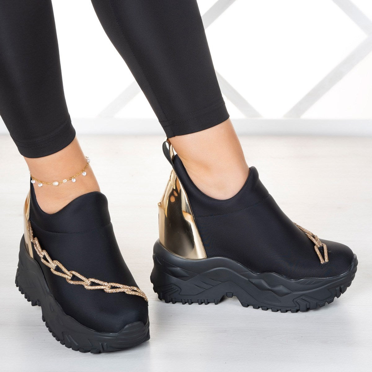 Maggie Siyah Streç Altın Zincirli Gizli Dolgu Günlük Ayakkabı