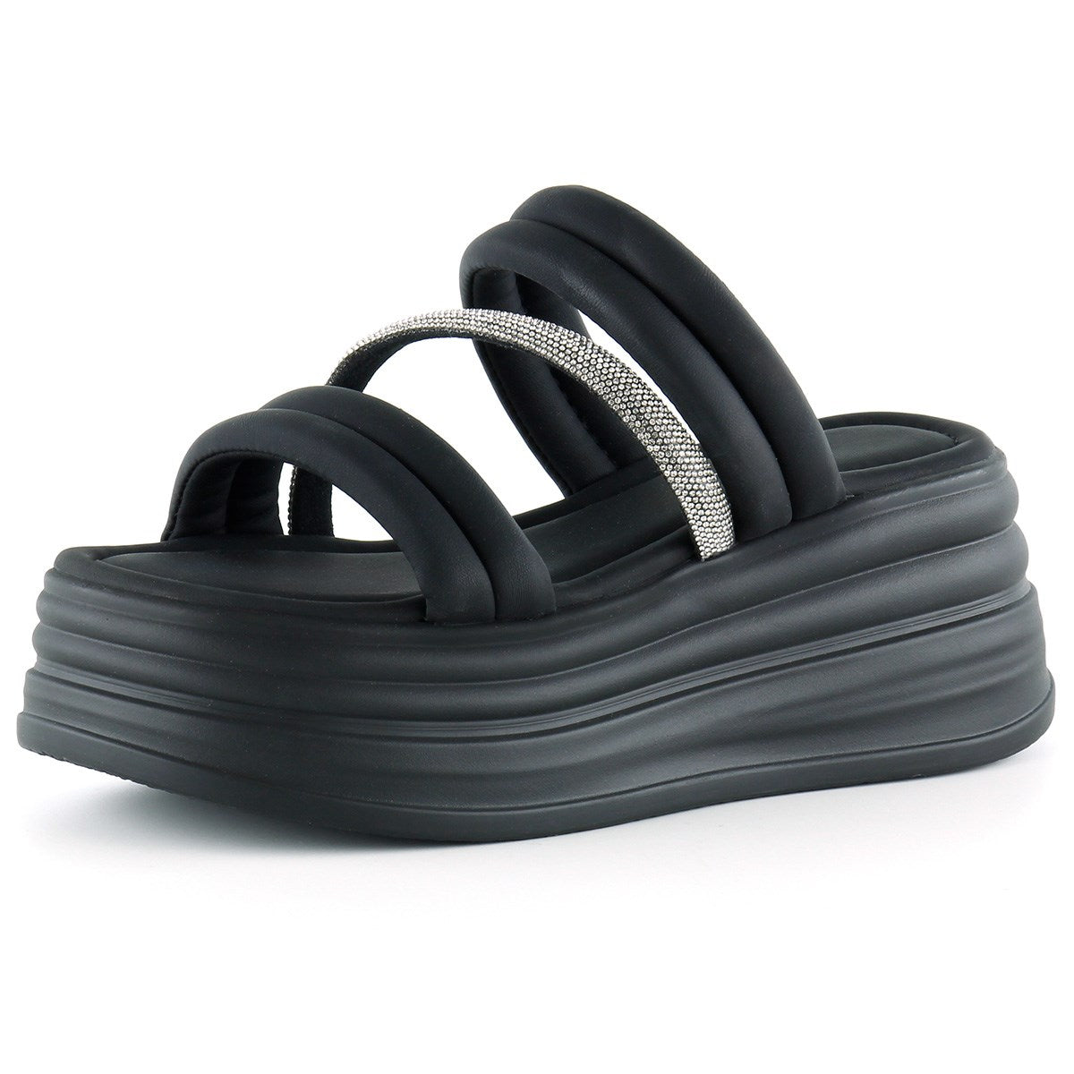 [7028] Siyah Dolgu Taban Gümüş Taşlı Bantlı Platform Terlik