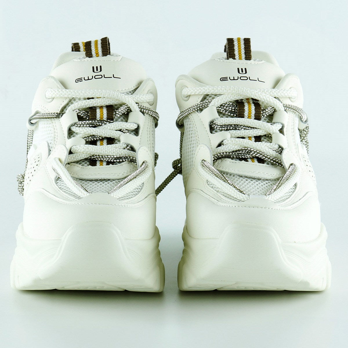 [5038] Ekru Yüksek Taban Spor Fileli Taşlı Bağcıklı Platform Sneaker