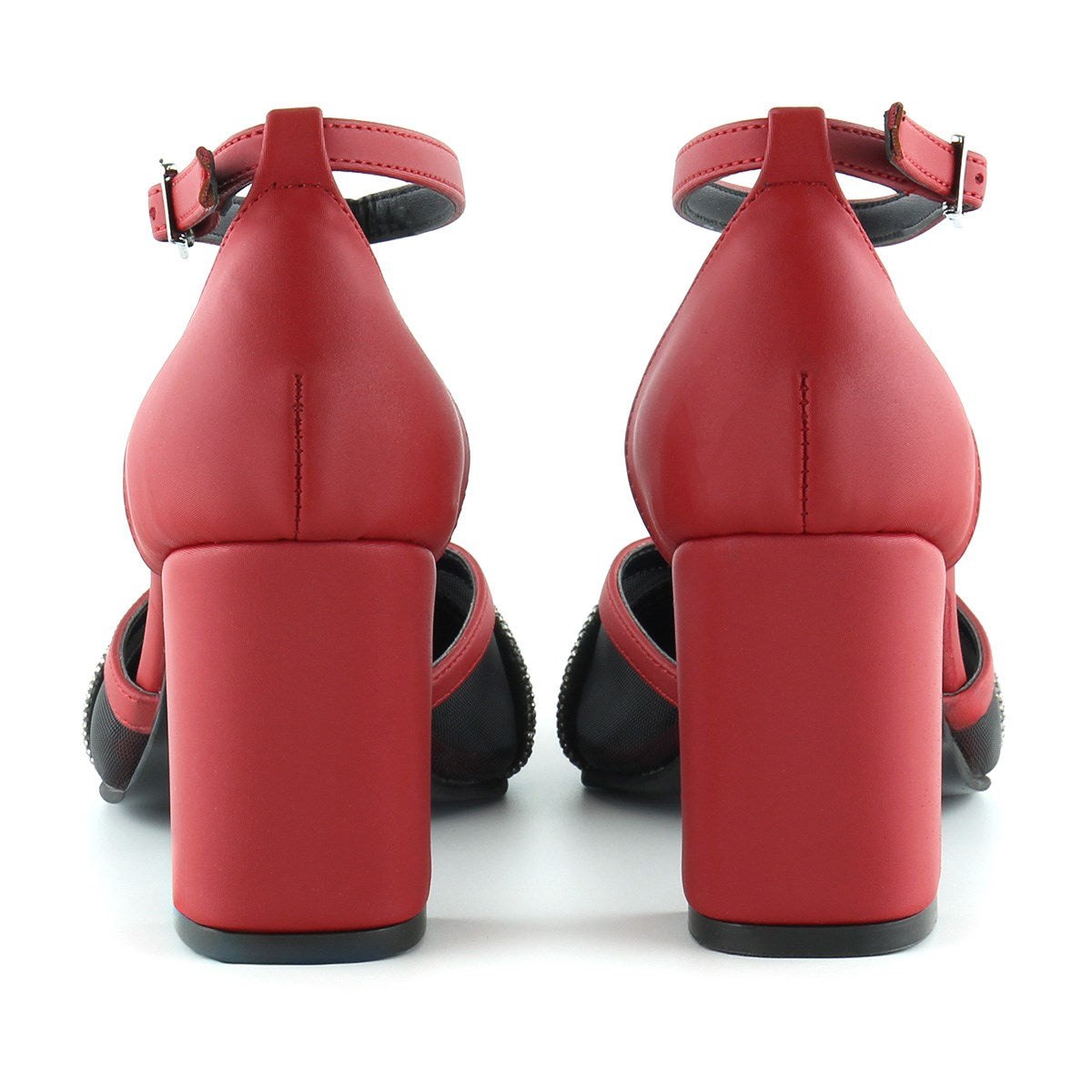 Molly Kırmızı Saten Taşlı Fileli Kalın Topuklu Ayakkabı