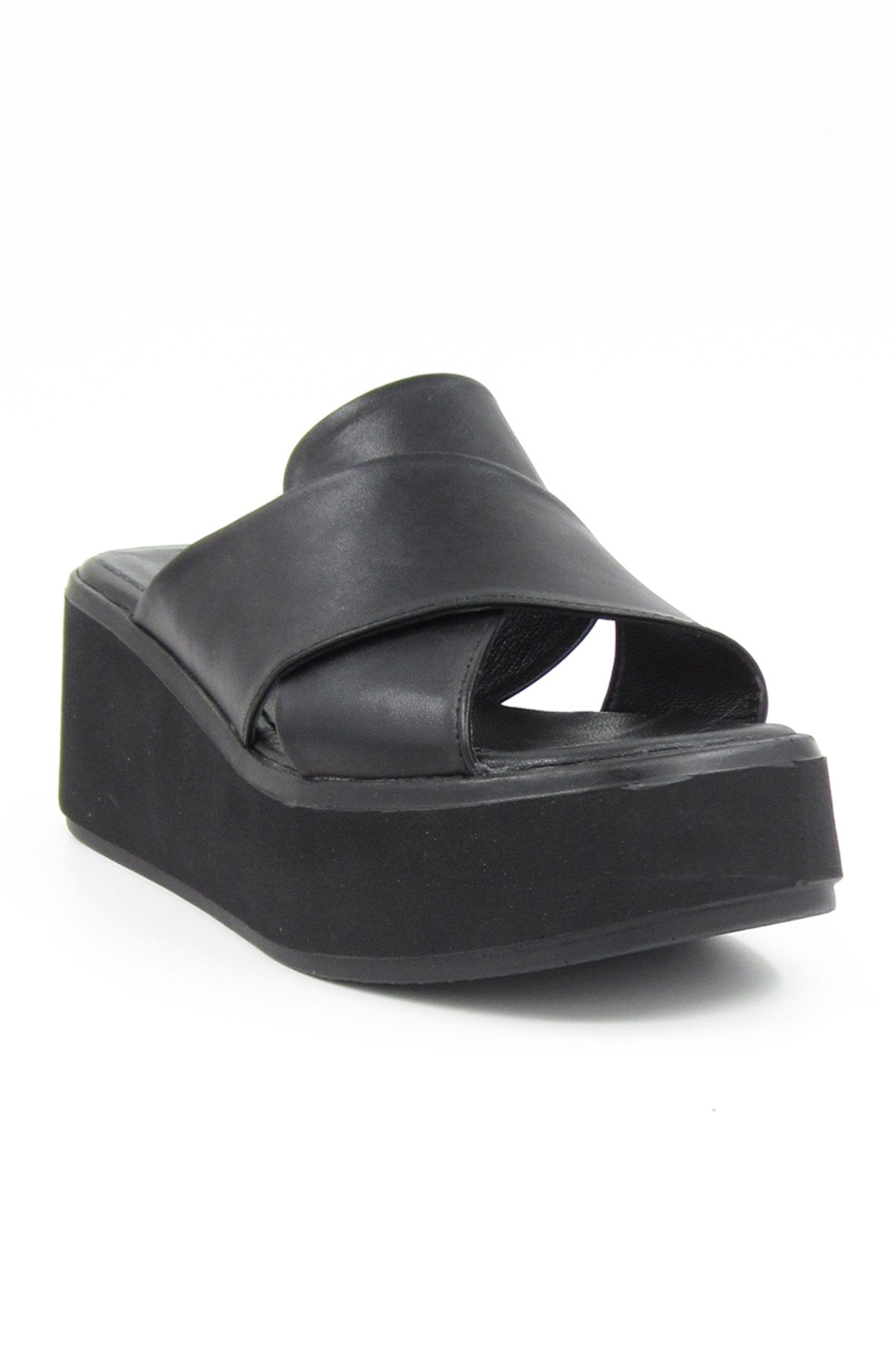 Olivia Siyah Hakiki Deri Dolgu Topuklu Terlik