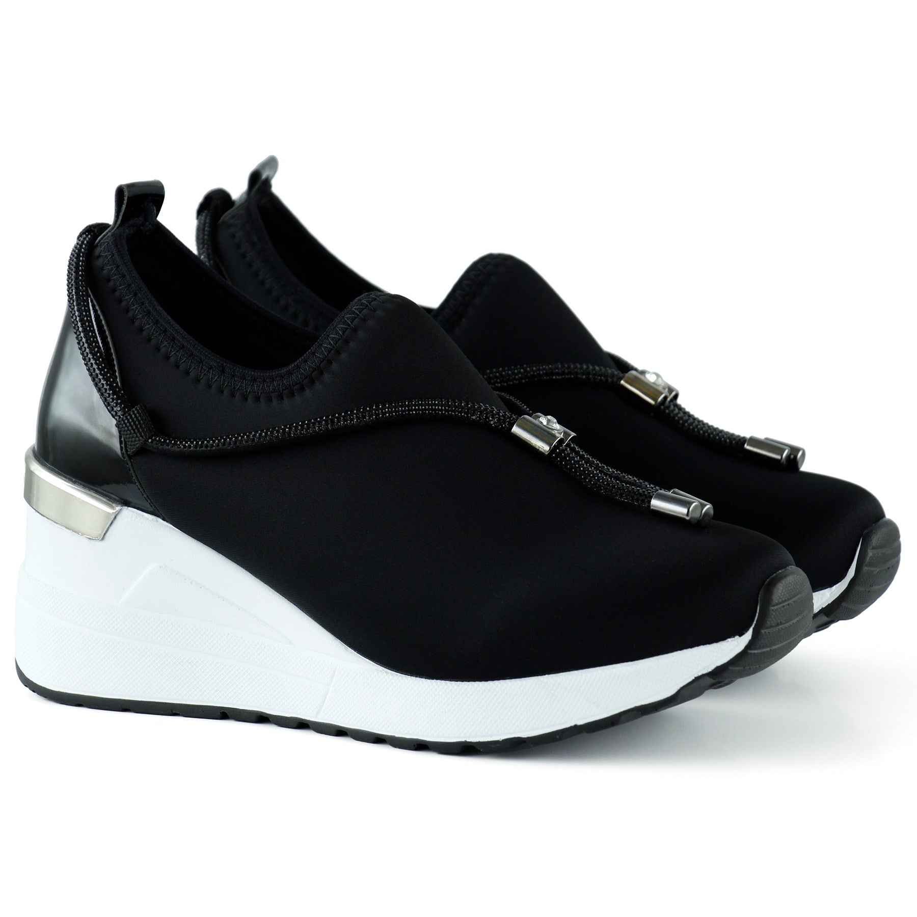 Ellie Siyah Streç Zincirli Taşlı Tokalı Metal Detaylı Dolgu Topuklu Günlük Ayakkabı