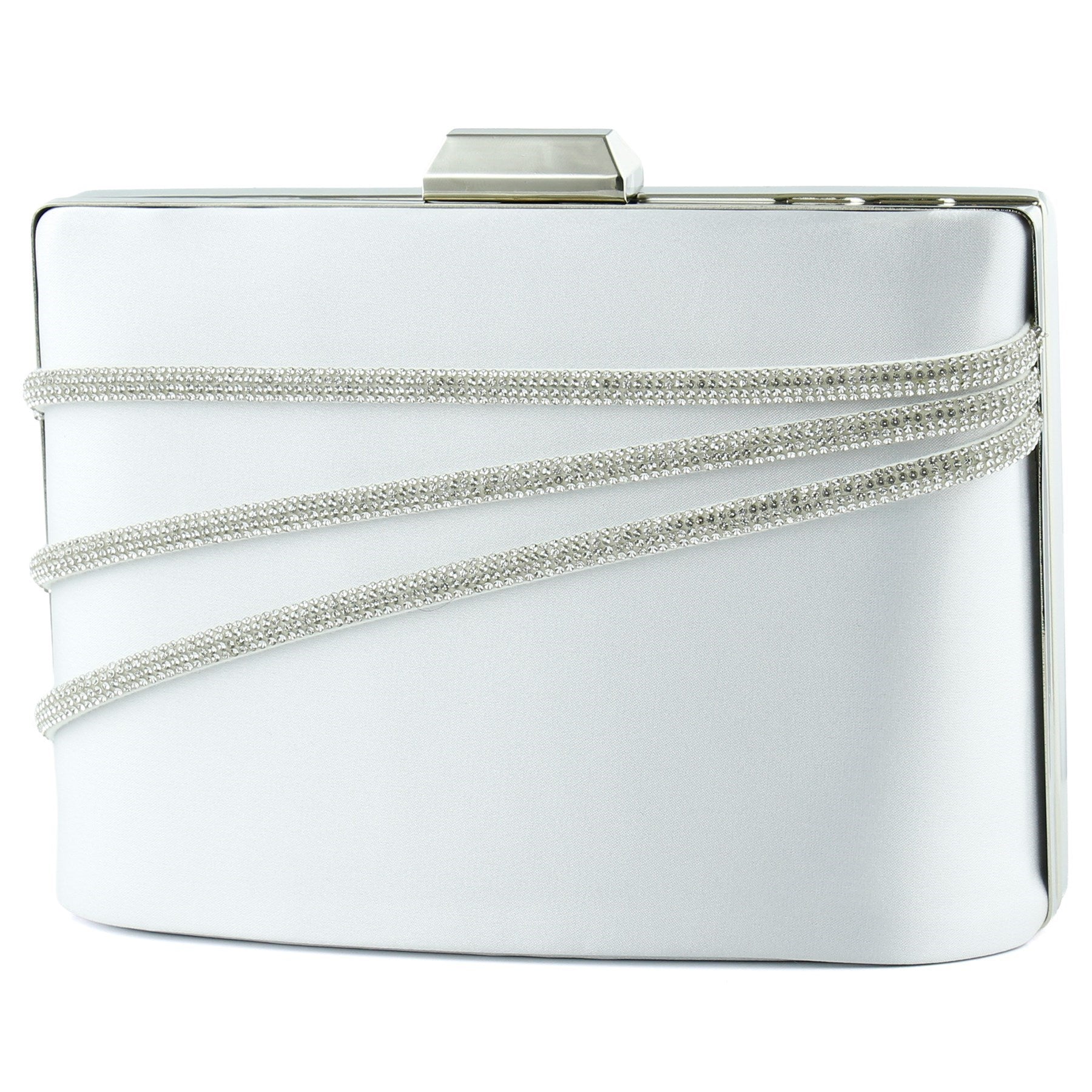 (ES0016AC) Gümüş Saten Kristal Taşlı Metal Saplı Zincir Askılı Abiye Çanta