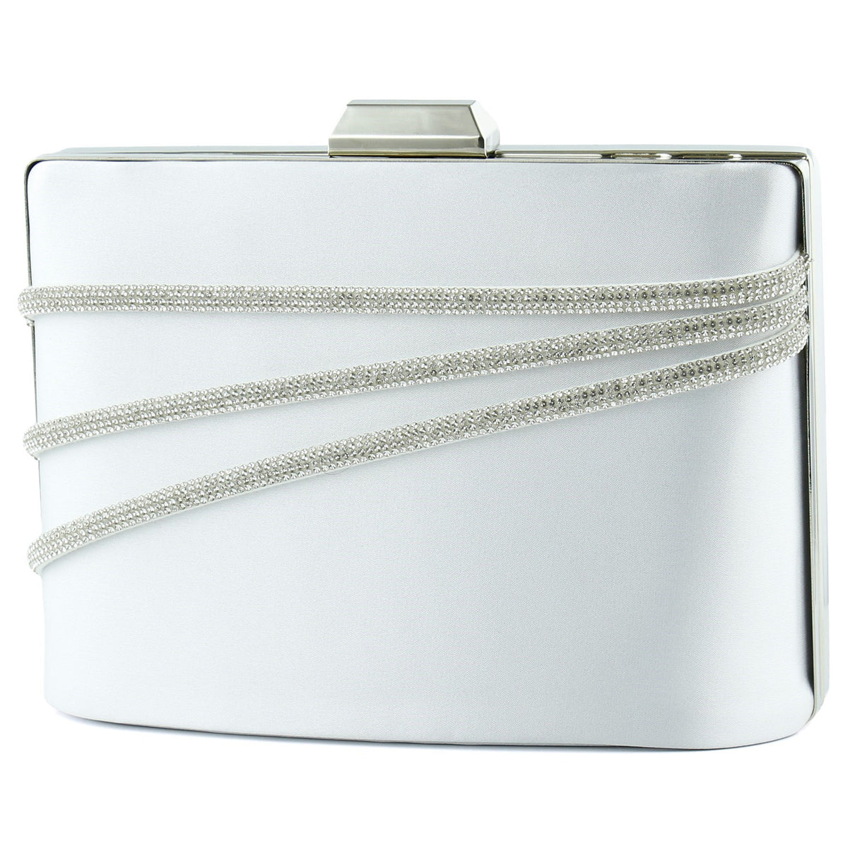 (ES0016AC) Gümüş Saten Kristal Taşlı Metal Saplı Zincir Askılı Abiye Çanta