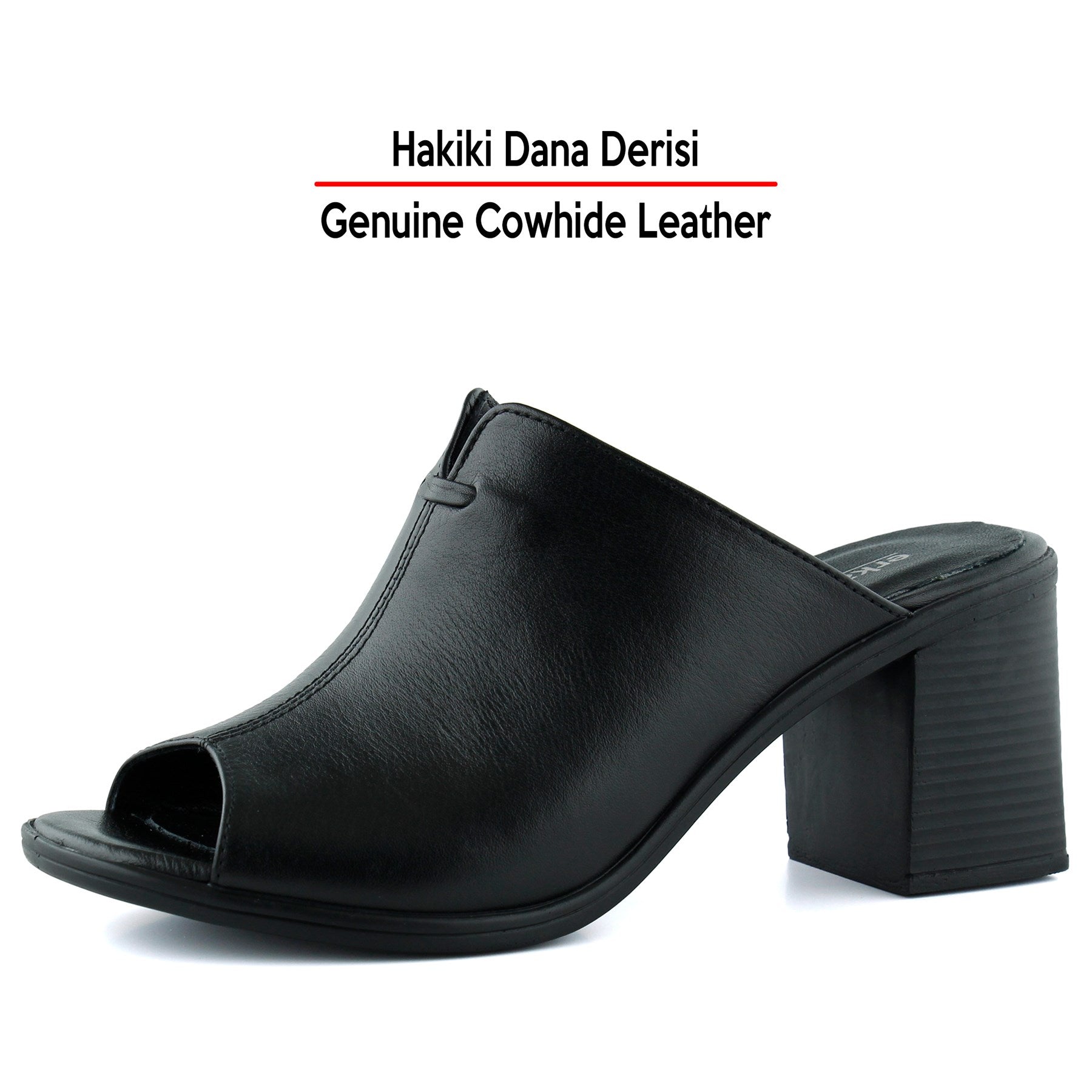 Valery Siyah Hakiki Dana Derisi Önü Açık Kalın Topuklu Terlik